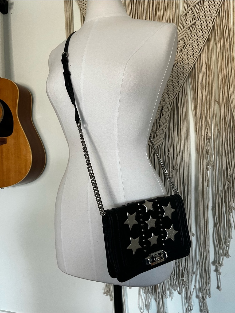 Rebecca Minkoff Black Leather Star Appliqué Crossbody with Silver Hardware